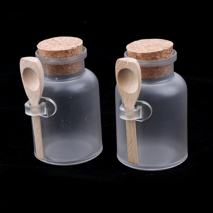 2 Pieces ABS Bath Salt Bottles Empty Clear Corked Jar with Wood Spoon  100g