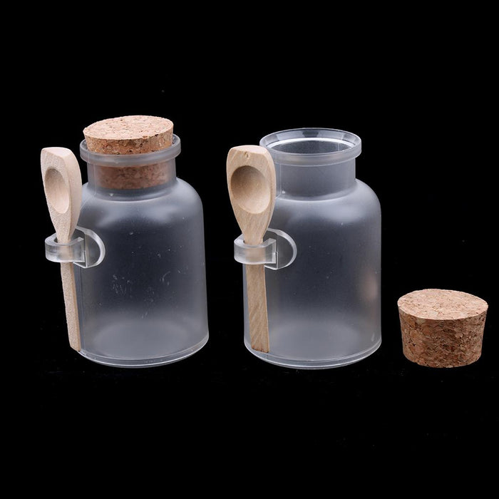 2 Pieces ABS Bath Salt Bottles Empty Clear Corked Jar with Wood Spoon  100g