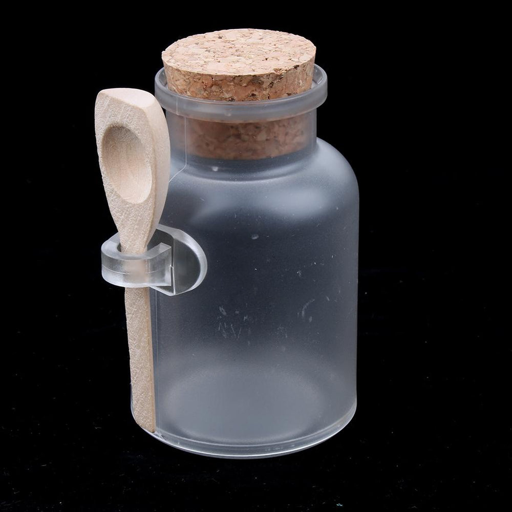 2 Pieces ABS Bath Salt Bottles Empty Clear Corked Jar with Wood Spoon  100g