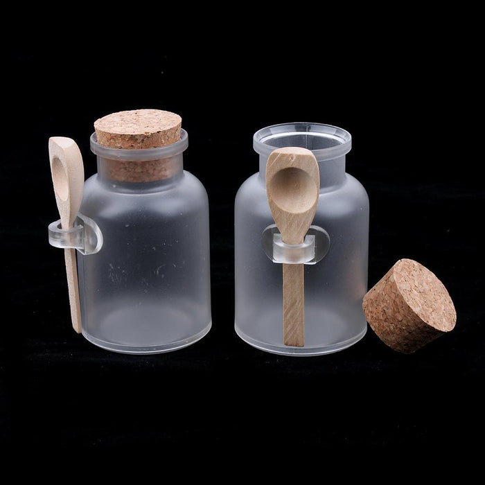 2 Pieces ABS Bath Salt Bottles Empty Clear Corked Jar with Wood Spoon  100g