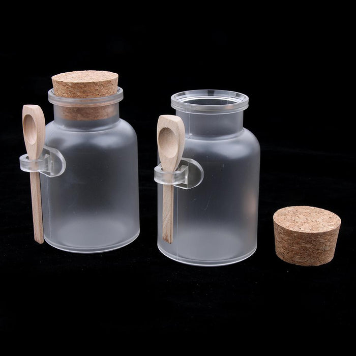 2 Pieces ABS Bath Salt Bottles Empty Clear Corked Jar with Wood Spoon  200g