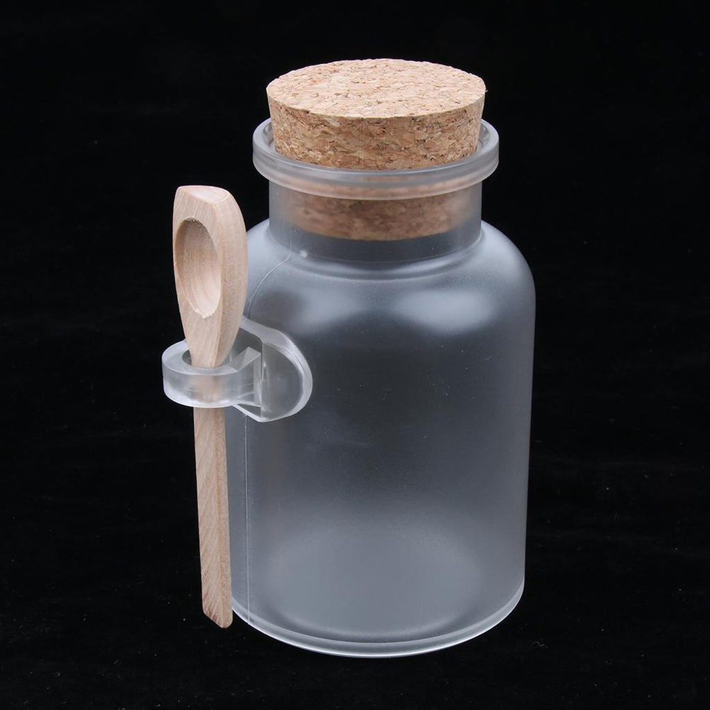 2 Pieces ABS Bath Salt Bottles Empty Clear Corked Jar with Wood Spoon  200g