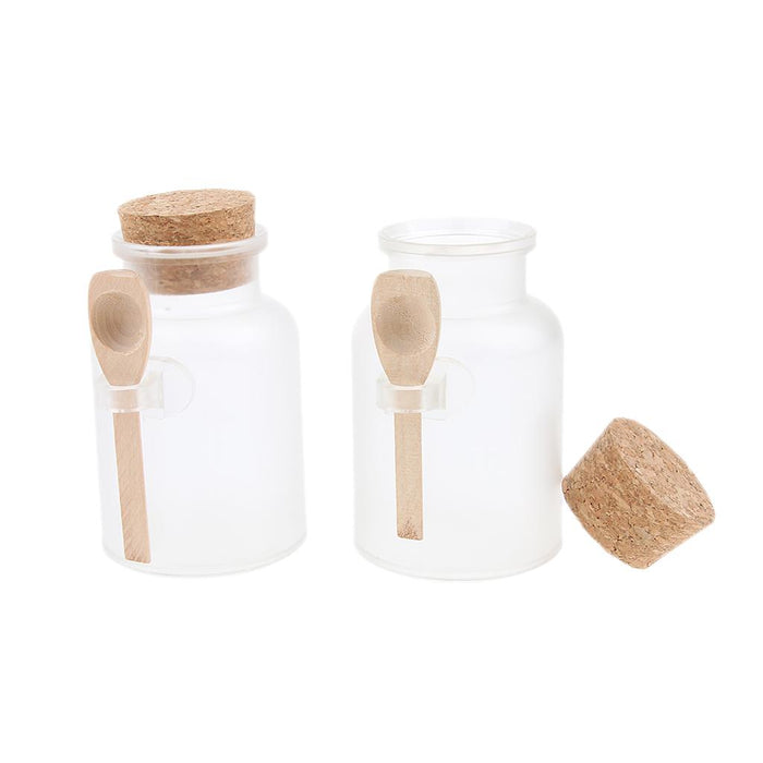 2 Pieces ABS Bath Salt Bottles Empty Clear Corked Jar with Wood Spoon  200g