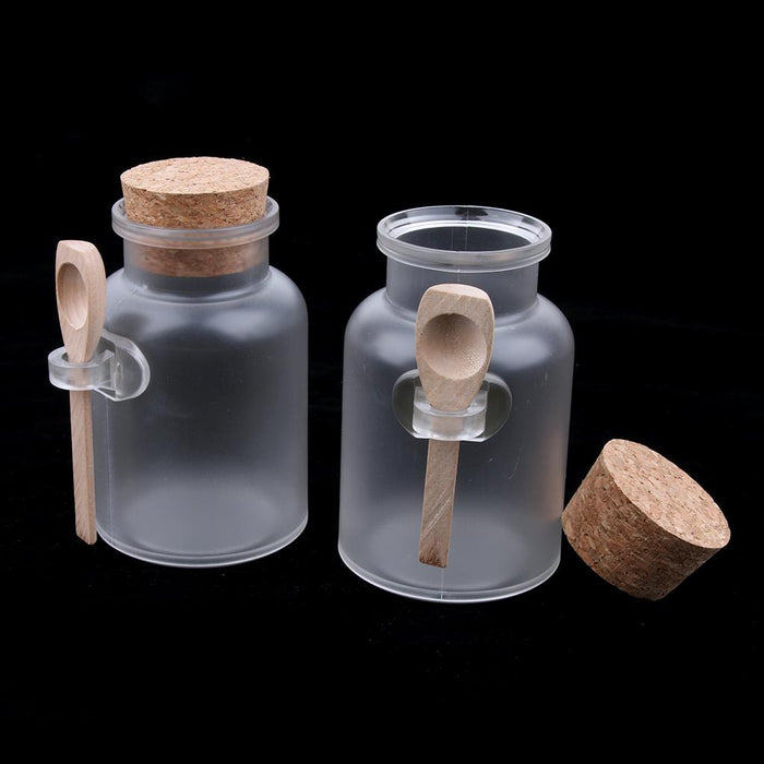 2 Pieces ABS Bath Salt Bottles Empty Clear Corked Jar with Wood Spoon  200g