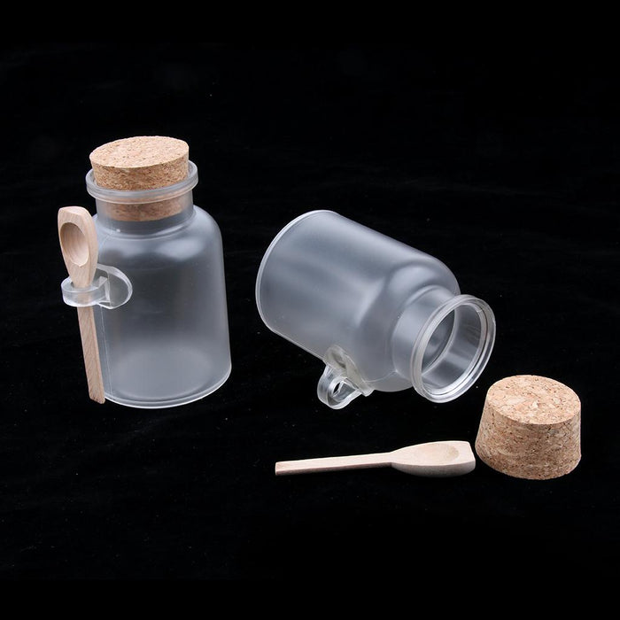 2 Pieces ABS Bath Salt Bottles Empty Clear Corked Jar with Wood Spoon  200g