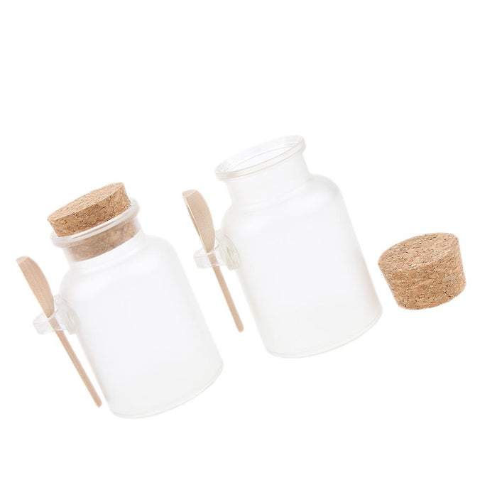 2 Pieces ABS Bath Salt Bottles Empty Clear Corked Jar with Wood Spoon  200g