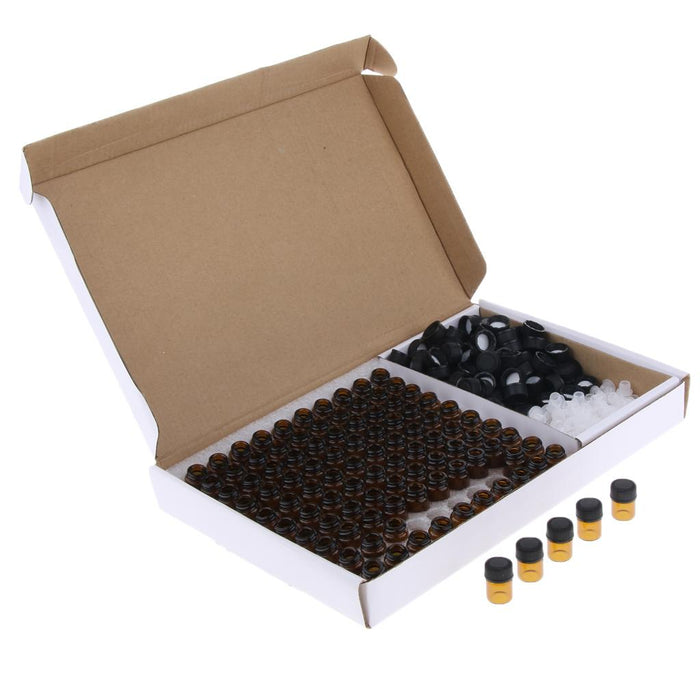 Crofta 100 PCS Amber Glass Essential Oil Bottle with Orifice Reducer black Caps 2ml