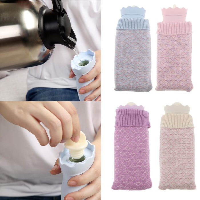 Crofta Portable Heat Water Bag Hot Water Bottle with Knit Cover for Warming Beige