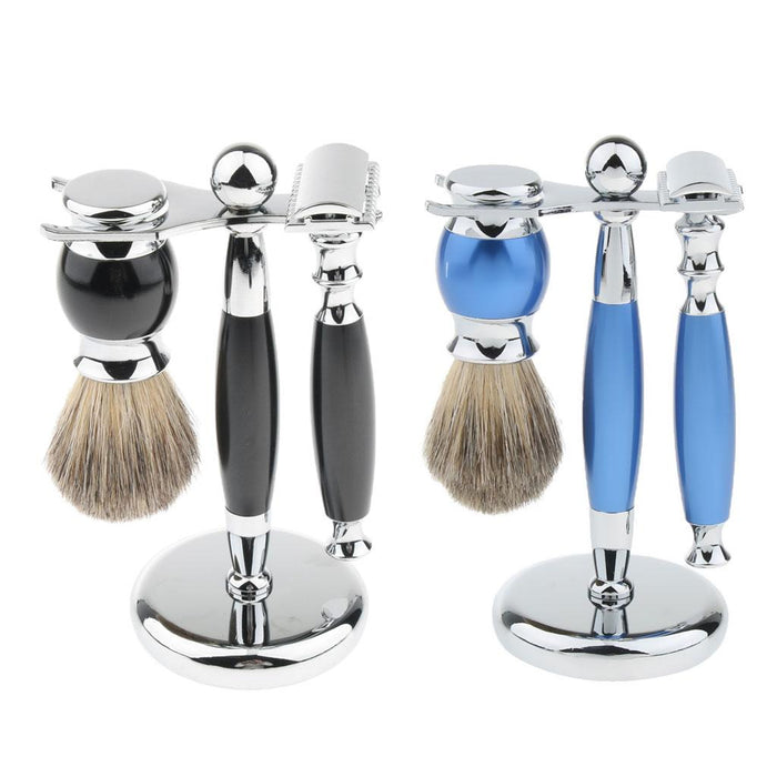 Crofta 1 Set Safety Shaving Kits Razors Shaving Brush Alloy Stand Holder Black