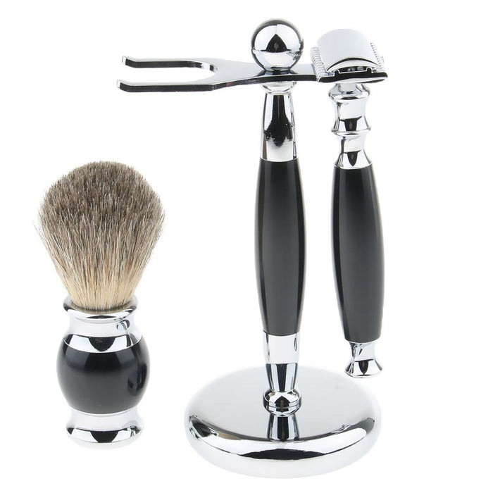 Crofta 1 Set Safety Shaving Kits Razors Shaving Brush Alloy Stand Holder Black