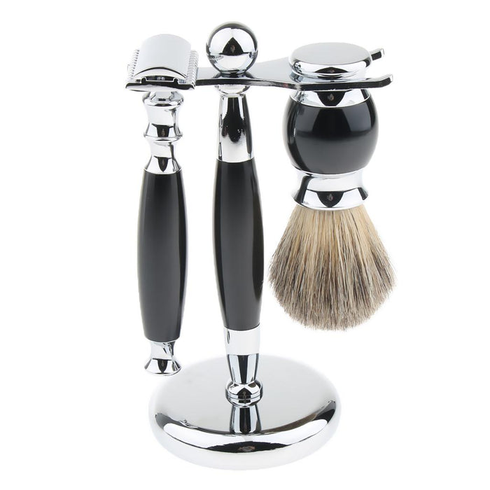 Crofta 1 Set Safety Shaving Kits Razors Shaving Brush Alloy Stand Holder Black