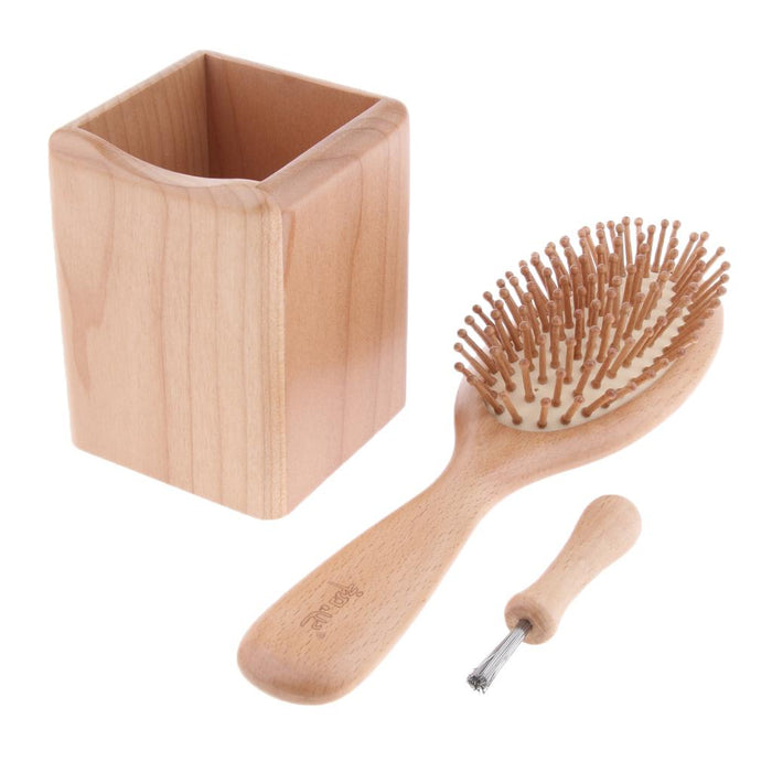 Crofta Wooden Paddle Brush Storage bucket and Cleaner Kit For Men Women Kid Hair 02