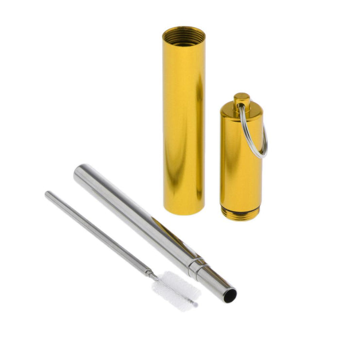 Crofta Reusable Stainless Steel Metal Straw Portable Telescopic Straw Set Golden