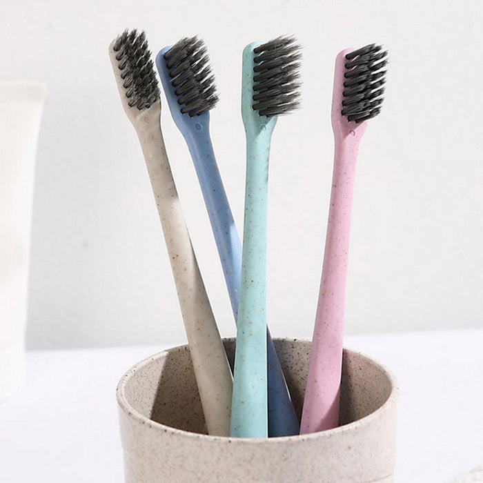 Crofta 10x Portable Wheat Straw Handle Bamboo Charcoal Toothbrushes with Box Blue