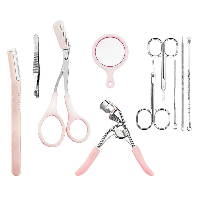 Crofta 10pcs/set Eyebrow Tools Tweezers Scissors Razor Eyelash Curler Set Kit