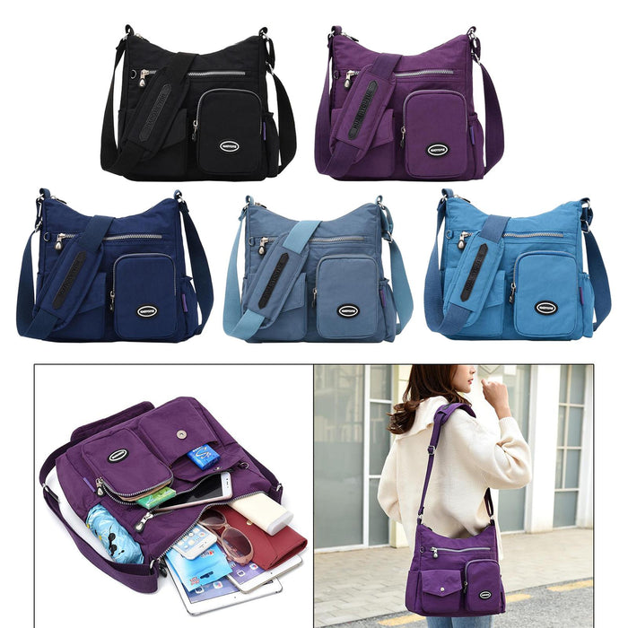 Crofta Multi-Pocket Waterproof Nylon Casual Bag Handbags for Women Travel College navy blue