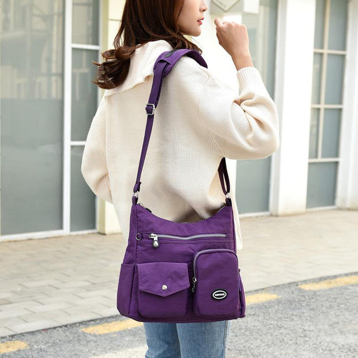 Crofta Multi-Pocket Waterproof Nylon Casual Bag Handbags for Women Travel College brilliant purple