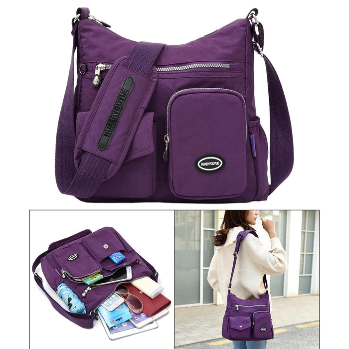 Crofta Multi-Pocket Waterproof Nylon Casual Bag Handbags for Women Travel College brilliant purple