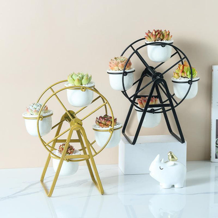 Crofta Ferris Wheel Planter Succulent Plant Metal Display Stand with 4 Flower Pot Gold