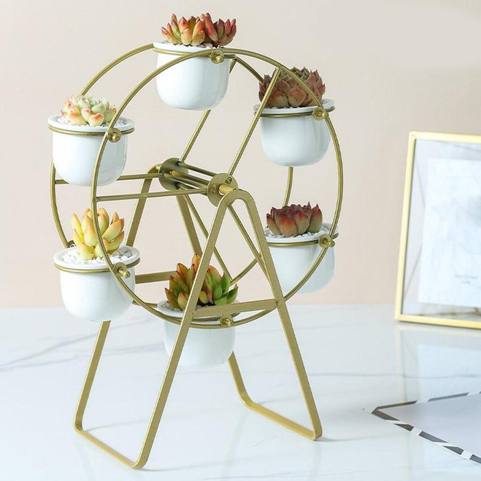 Crofta Ferris Wheel Planter Succulent Plant Metal Display Stand with 4 Flower Pot Gold