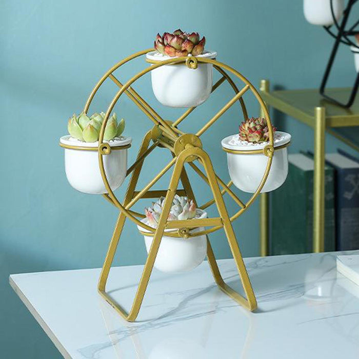 Crofta Ferris Wheel Planter Succulent Plant Metal Display Stand with 4 Flower Pot Gold