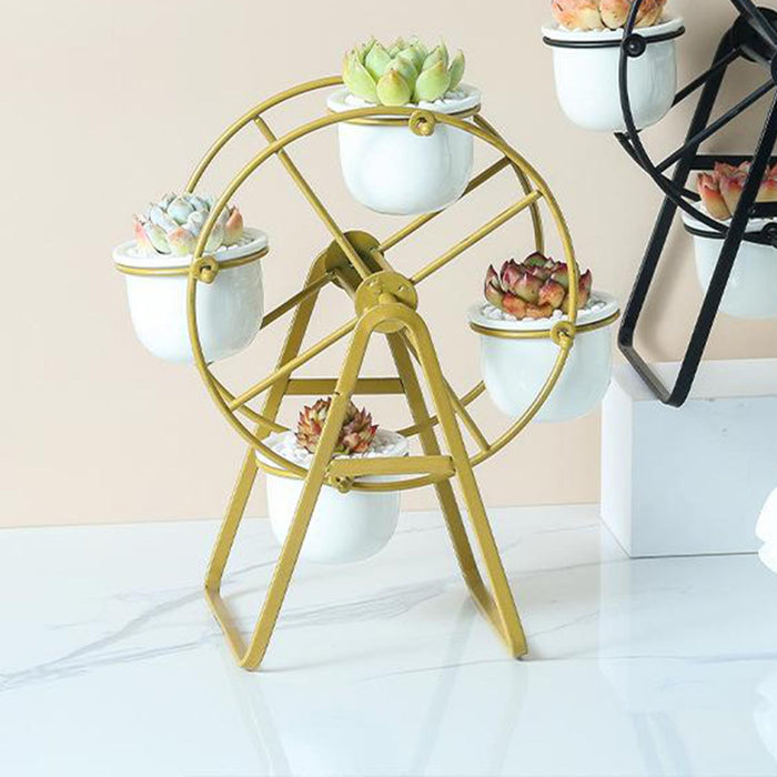 Crofta Ferris Wheel Planter Succulent Plant Metal Display Stand with 4 Flower Pot Gold