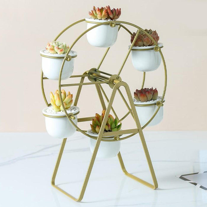 Crofta Ferris Wheel Planter Succulent Plant Metal Display Stand with 4 Flower Pot Gold