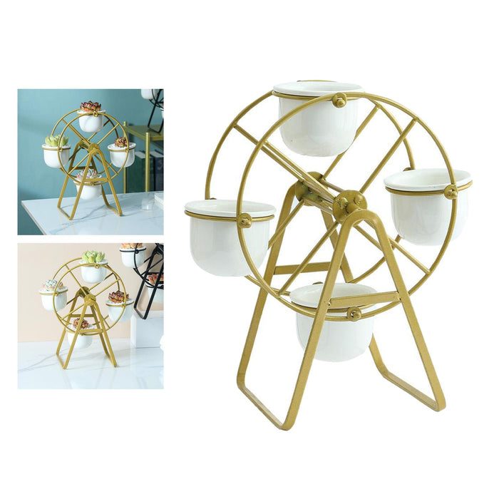 Crofta Ferris Wheel Planter Succulent Plant Metal Display Stand with 4 Flower Pot Gold