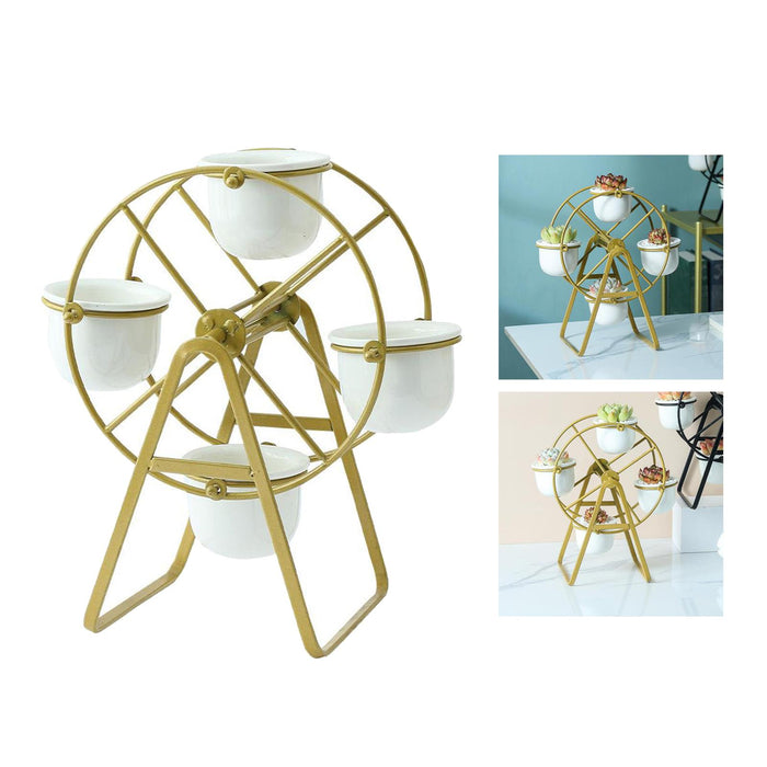 Crofta Ferris Wheel Planter Succulent Plant Metal Display Stand with 4 Flower Pot Gold