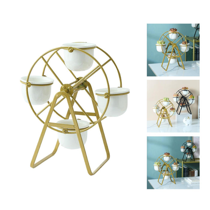 Crofta Ferris Wheel Planter Succulent Plant Metal Display Stand with 4 Flower Pot Gold