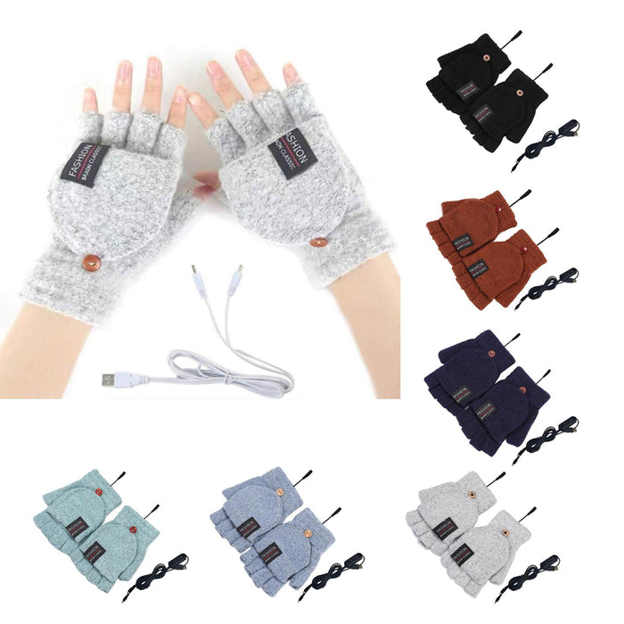 Winter USB Heating Half Finger Gloves Mitten Knitting with Cover Black