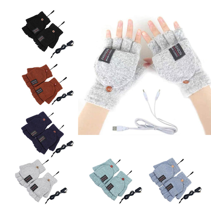 Winter USB Heating Half Finger Gloves Mitten Knitting with Cover Black