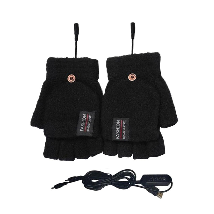 Winter USB Heating Half Finger Gloves Mitten Knitting with Cover Black