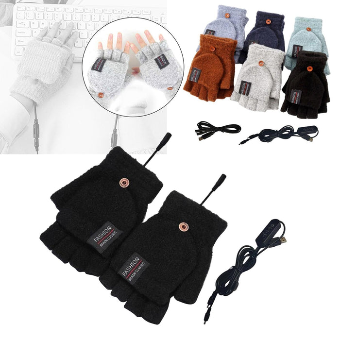 Winter USB Heating Half Finger Gloves Mitten Knitting with Cover Black