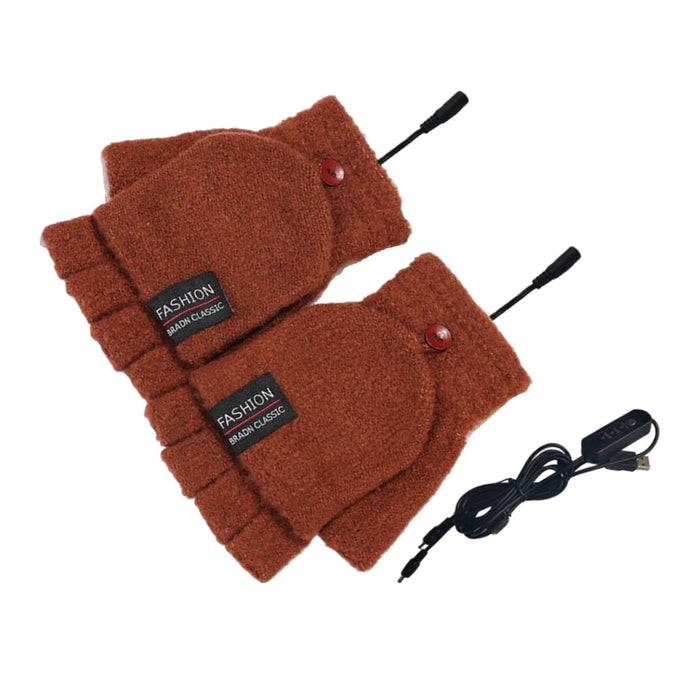 Winter USB Heating Half Finger Gloves Mitten Knitting with Cover Coffee