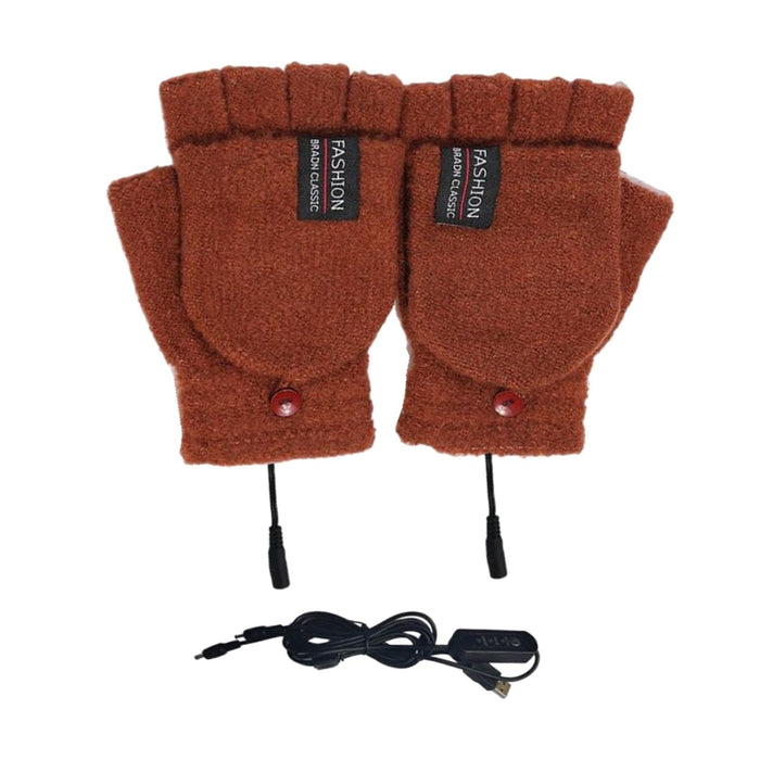 Winter USB Heating Half Finger Gloves Mitten Knitting with Cover Coffee