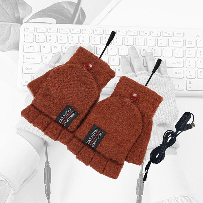 Winter USB Heating Half Finger Gloves Mitten Knitting with Cover Coffee