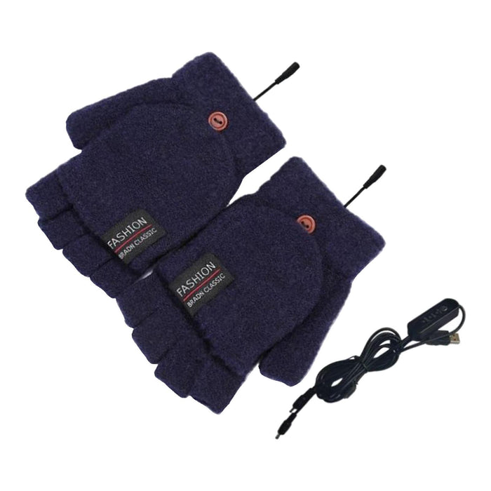 Winter USB Heating Half Finger Gloves Mitten Knitting with Cover Dark Blue