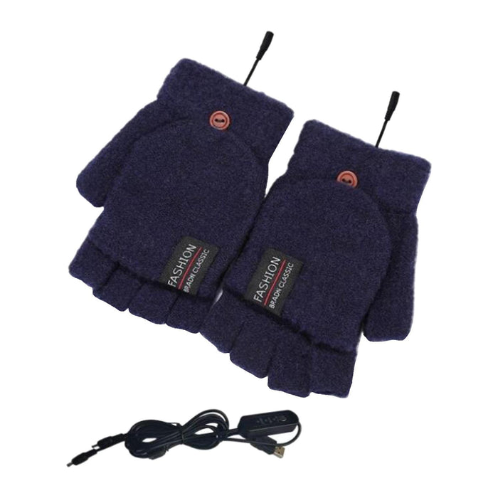 Winter USB Heating Half Finger Gloves Mitten Knitting with Cover Dark Blue