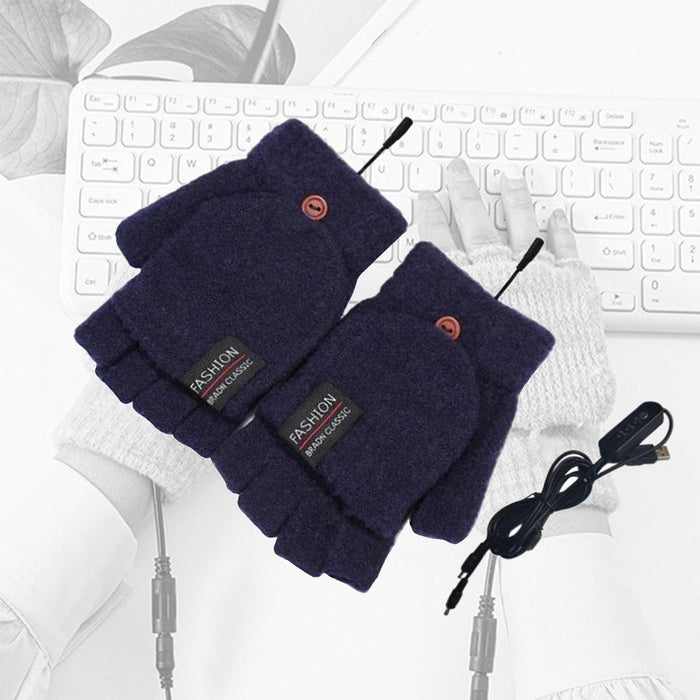 Winter USB Heating Half Finger Gloves Mitten Knitting with Cover Dark Blue