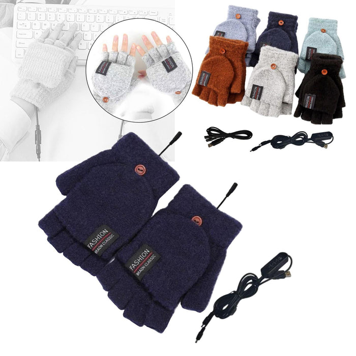 Winter USB Heating Half Finger Gloves Mitten Knitting with Cover Dark Blue