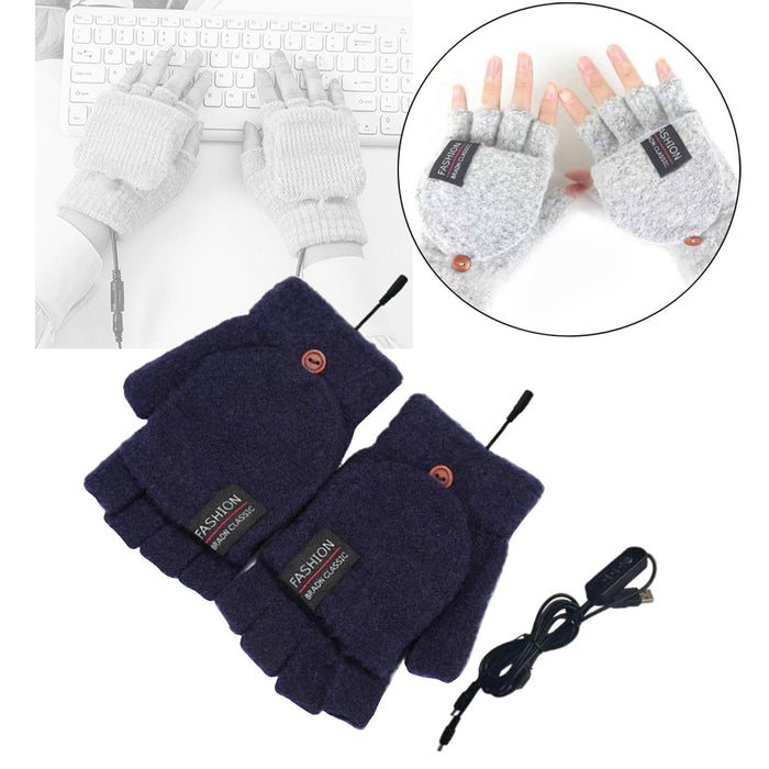 Winter USB Heating Half Finger Gloves Mitten Knitting with Cover Dark Blue