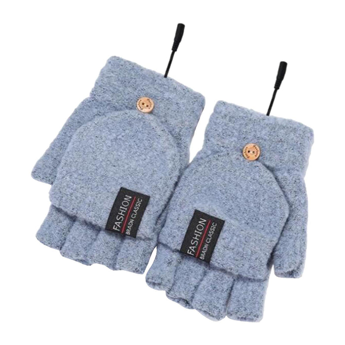 Winter USB Heating Half Finger Gloves Mitten Knitting with Cover Blue Grey