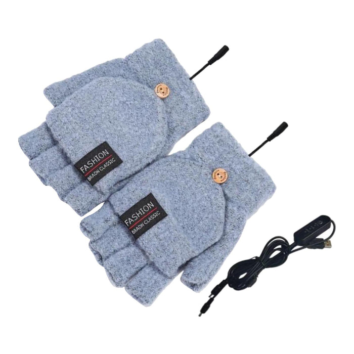 Winter USB Heating Half Finger Gloves Mitten Knitting with Cover Blue Grey