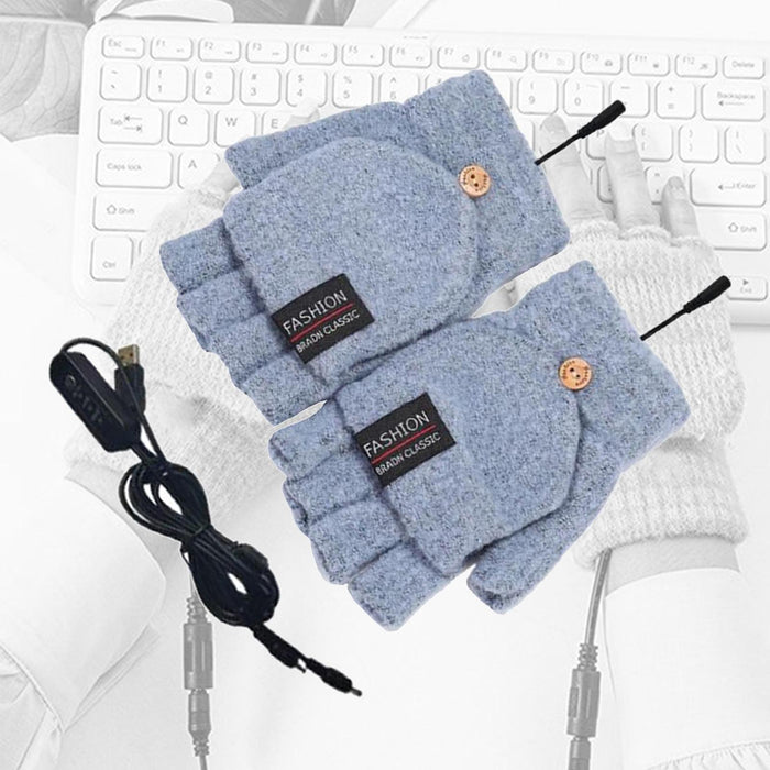 Winter USB Heating Half Finger Gloves Mitten Knitting with Cover Blue Grey