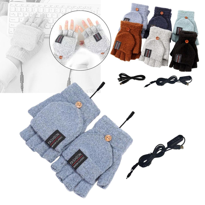 Winter USB Heating Half Finger Gloves Mitten Knitting with Cover Blue Grey