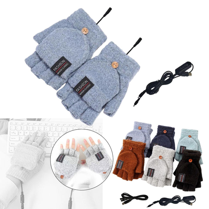 Winter USB Heating Half Finger Gloves Mitten Knitting with Cover Blue Grey