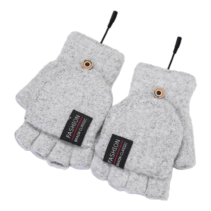 Winter USB Heating Half Finger Gloves Mitten Knitting with Cover Light Grey