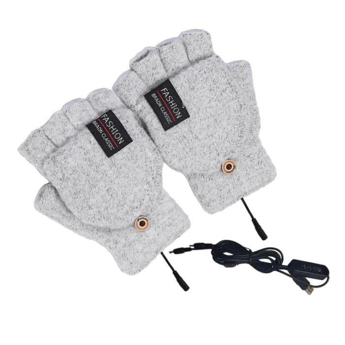 Winter USB Heating Half Finger Gloves Mitten Knitting with Cover Light Grey