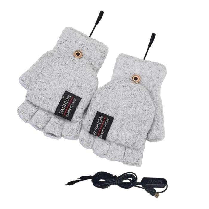 Winter USB Heating Half Finger Gloves Mitten Knitting with Cover Light Grey